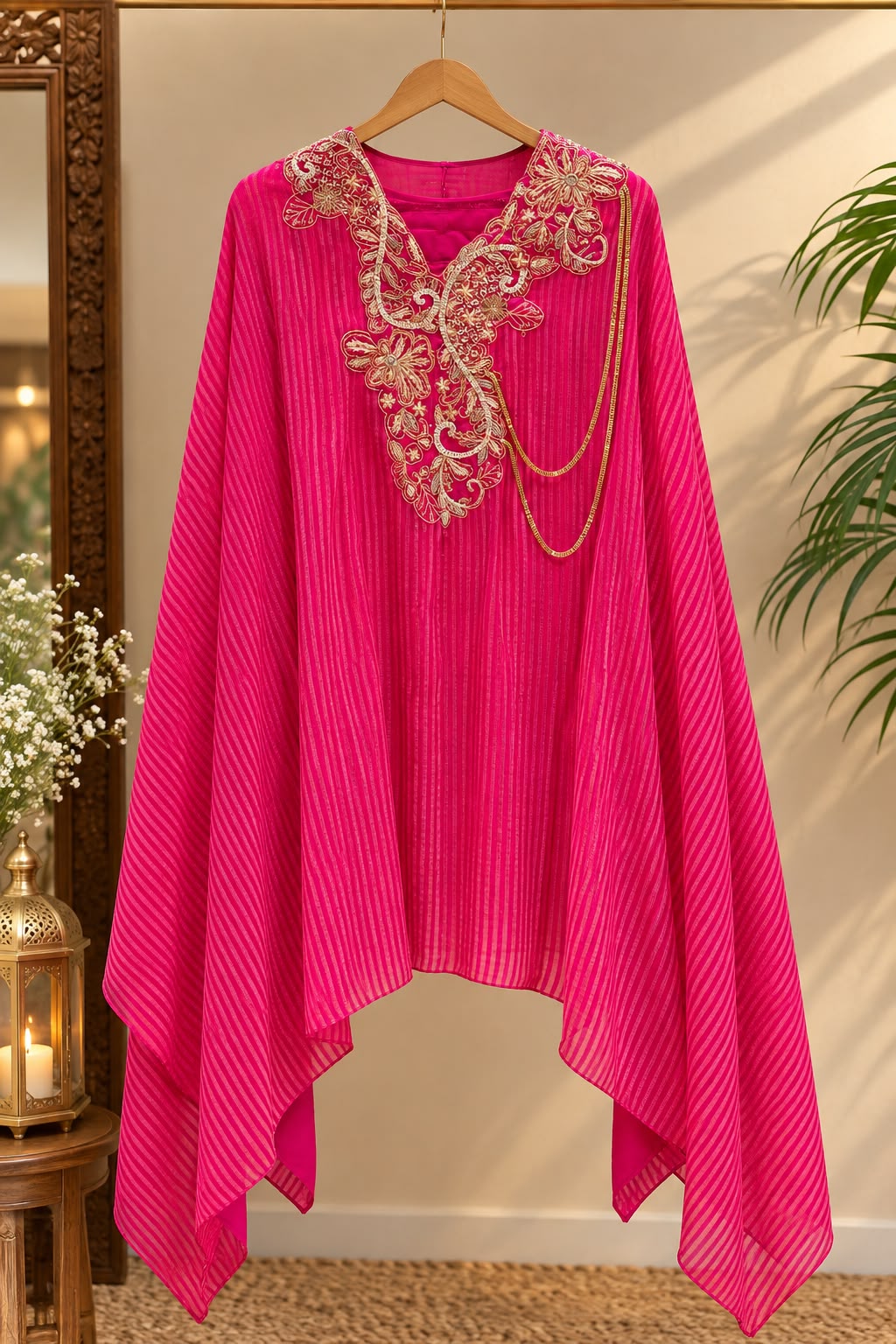 Elegant Dabka Embroidered Yoke With Stylish Chain Accent Striped Kaftan With Harem Bottom Indo-Wear- 16414