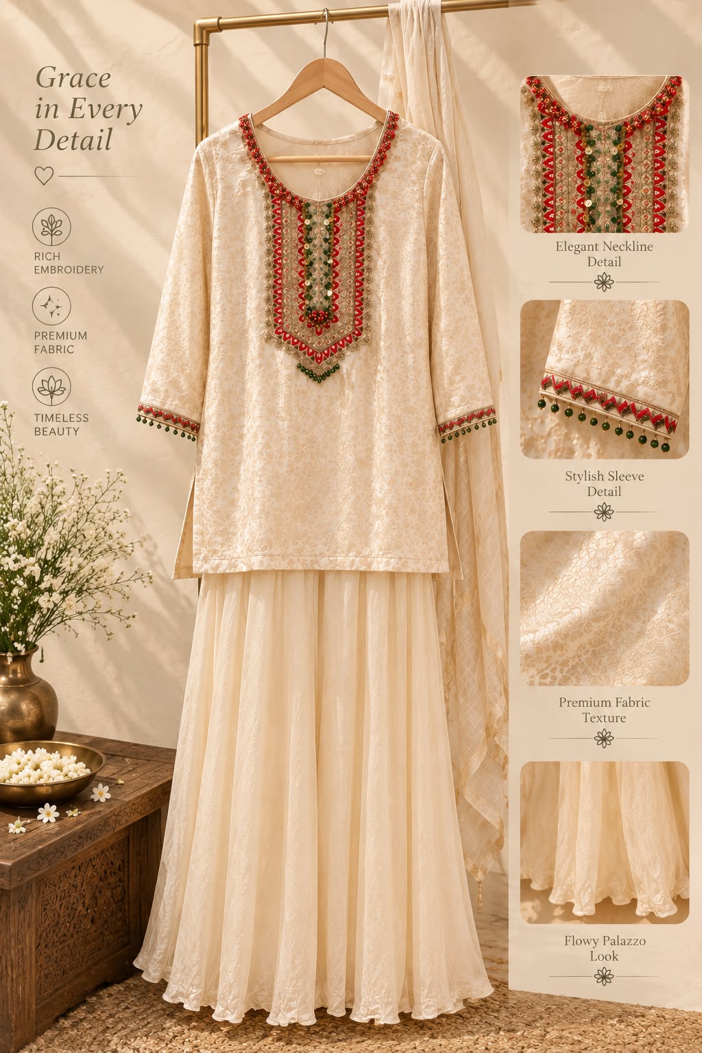 Sheer Brocade Vibrant Beaded Highlights Front Design Full Suit Set With Striped Dupatta & Chinon Palazzo Bottom- 16399