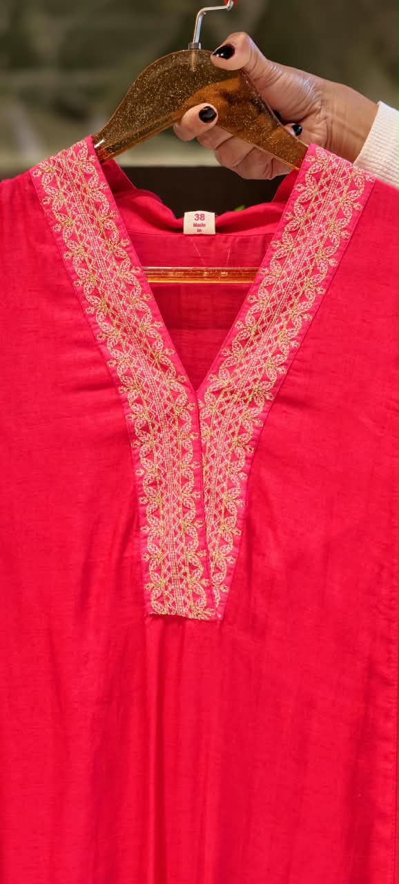Fuschia Pink Minimal Neckline Embroidery A-Line Kurta Pant Set- 15819