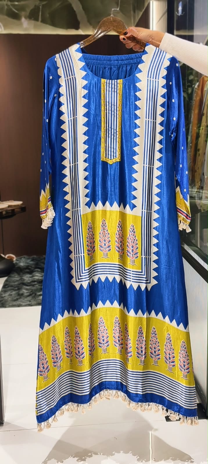 Royal Blue Yellow Zig-Zag Geometric Prints Gajji Silk A-Line Kurta Pant Set- 16290