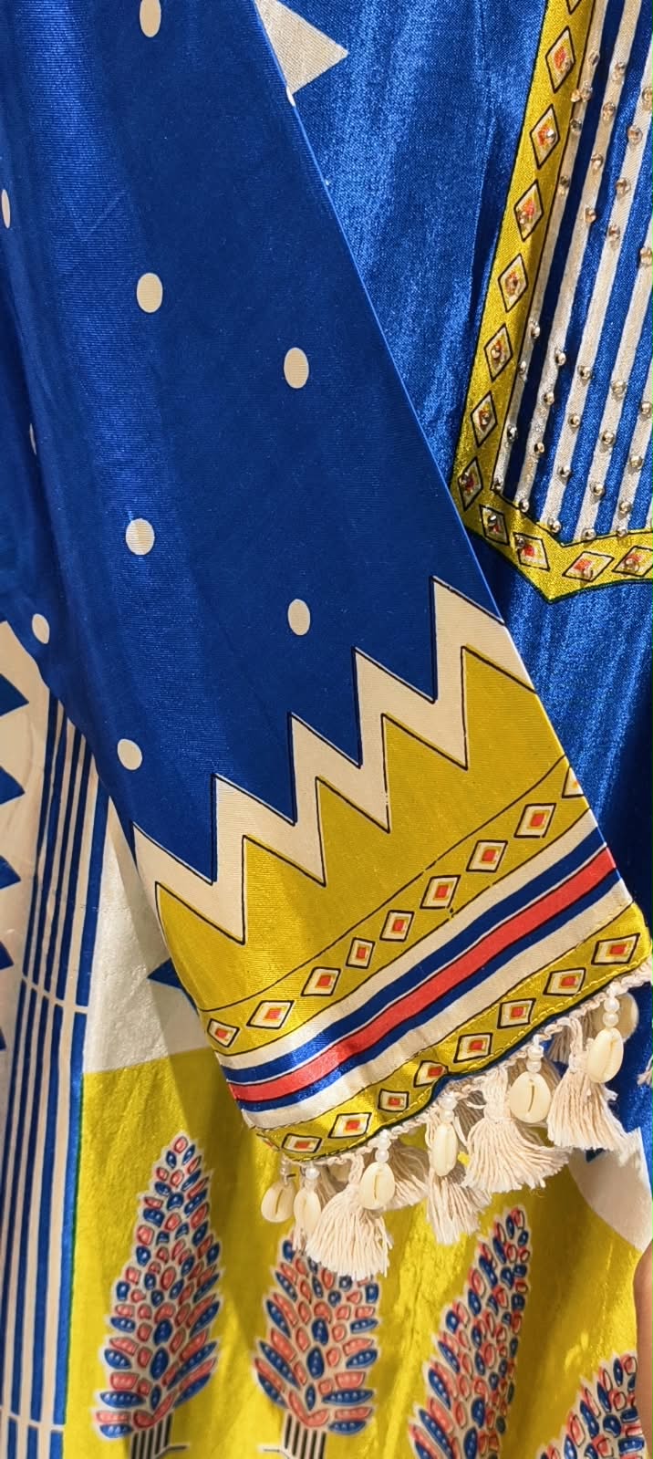 Royal Blue Yellow Zig-Zag Geometric Prints Gajji Silk A-Line Kurta Pant Set- 16290