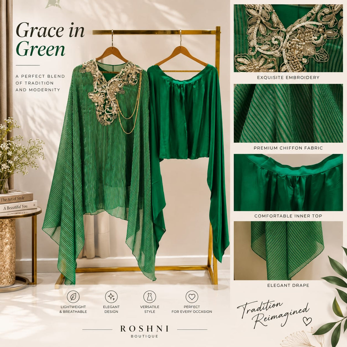 Elegant Dabka Embroidered Yoke With Stylish Chain Accent Striped Kaftan With Harem Bottom Indo-Wear- 16414