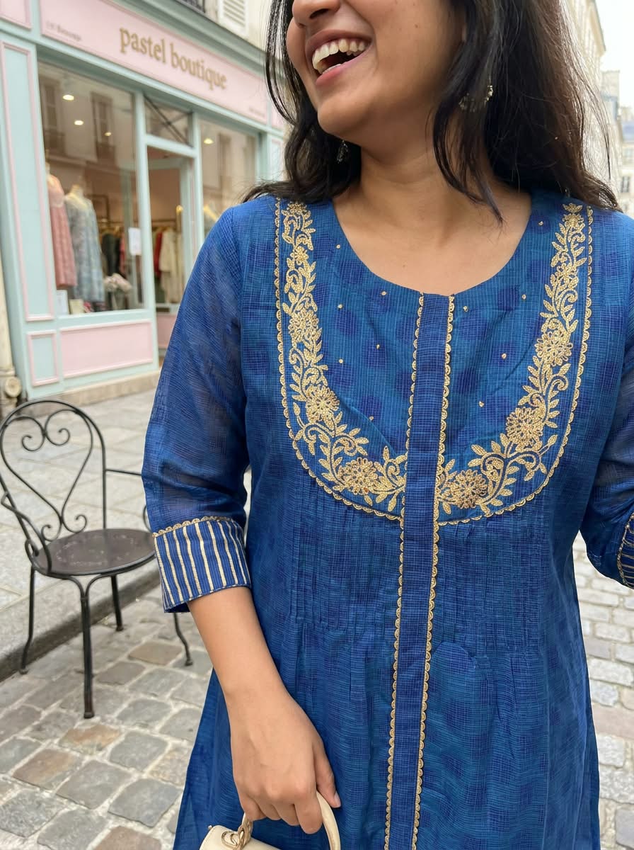 Kota Doria Blue Elegance Golden Embroidery U-Yoke A-Line Kurta Pant Set- 16439