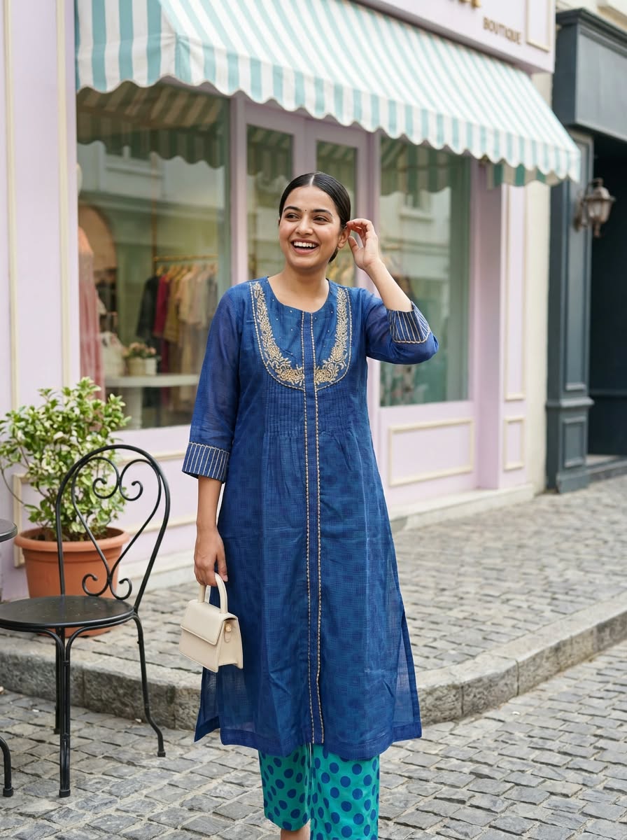 Kota Doria Blue Elegance Golden Embroidery U-Yoke A-Line Kurta Pant Set- 16439