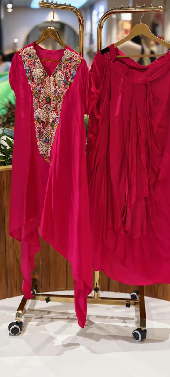 Popped 3D Multicolor Floral Embroidery Designer Look Indo-Wear High-Low Kurta With Dhoti Botttom- 16417