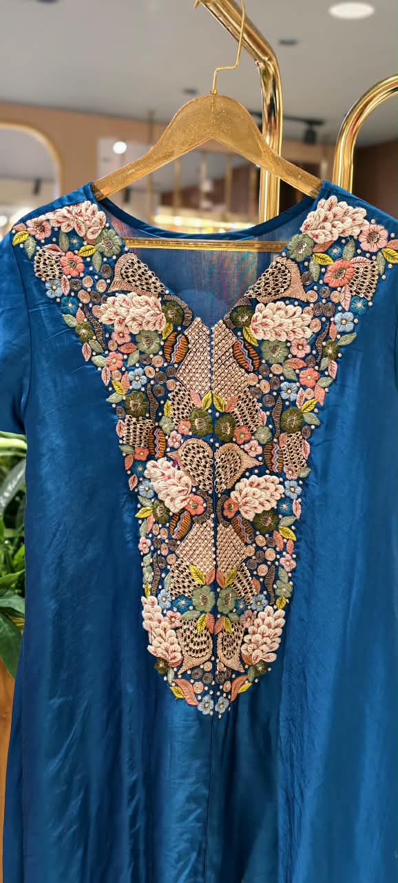 Popped 3D Multicolor Floral Embroidery Designer Look Indo-Wear High-Low Kurta With Dhoti Botttom- 16417