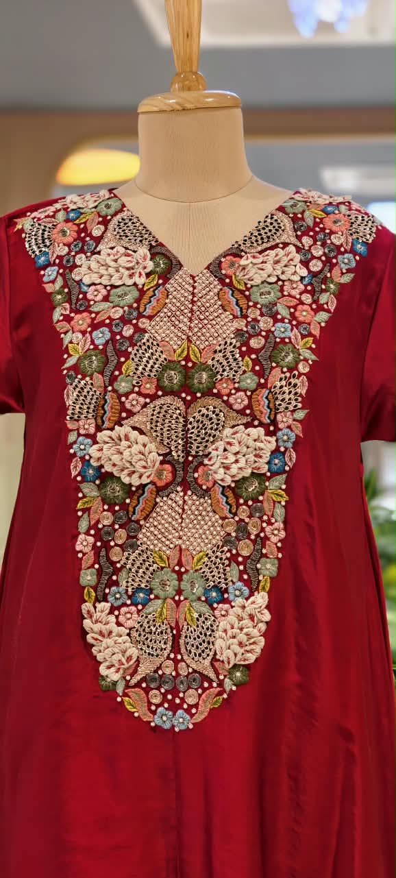 Popped 3D Multicolor Floral Embroidery Designer Look Indo-Wear High-Low Kurta With Dhoti Botttom- 16417