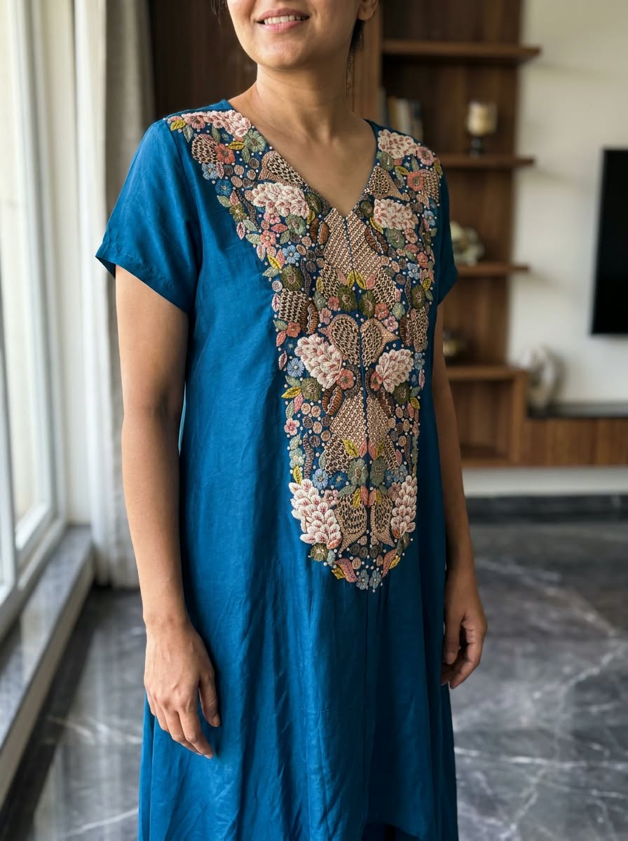Popped 3D Multicolor Floral Embroidery Designer Look Indo-Wear High-Low Kurta With Dhoti Botttom- 16417