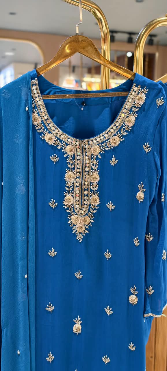 Royal Blue Beautiful Elegant Subtle Handwork Chinon Pakistani A-Line Full Suit Set With Dupatta- 16430