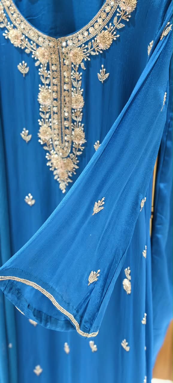 Royal Blue Beautiful Elegant Subtle Handwork Chinon Pakistani A-Line Full Suit Set With Dupatta- 16430