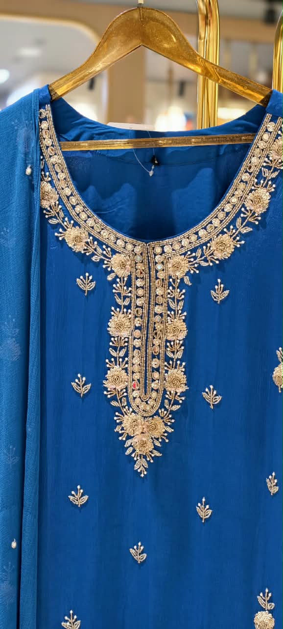 Royal Blue Beautiful Elegant Subtle Handwork Chinon Pakistani A-Line Full Suit Set With Dupatta- 16430