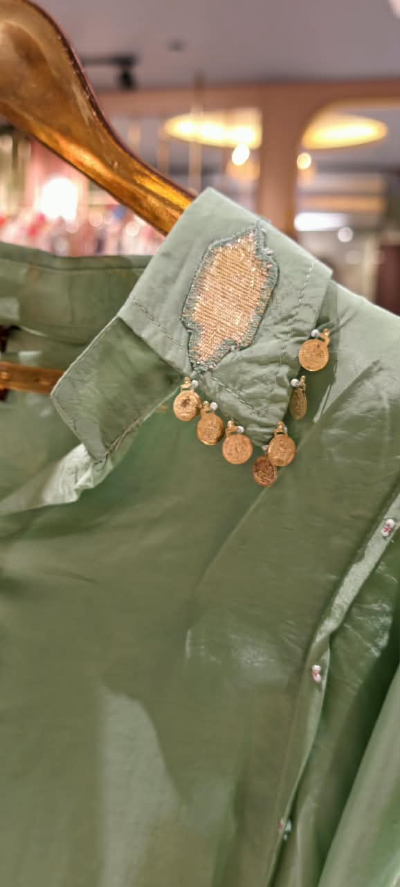 Carnival Inspired Look Designer Crepe Co-Ord Set With Vibrant & Golden Embossed Work With Coin Tassles Over Collar- 16295