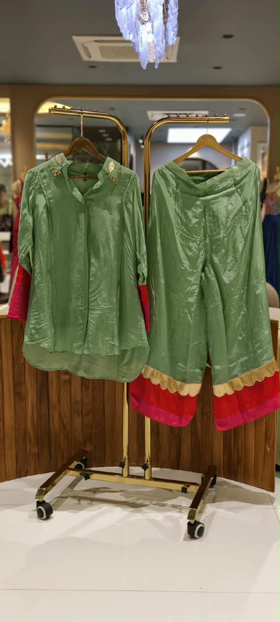 Carnival Inspired Look Designer Crepe Co-Ord Set With Vibrant & Golden Embossed Work With Coin Tassles Over Collar- 16295