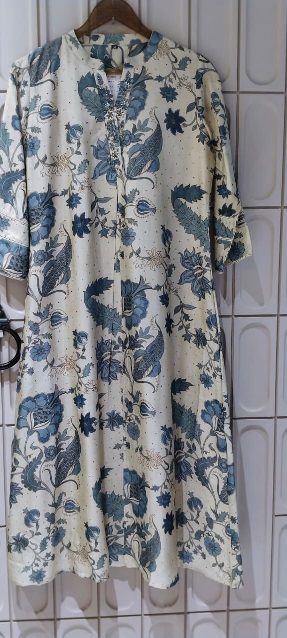 Cream Base & Slate Blue Mughal Floral Printed Kurti- 16387