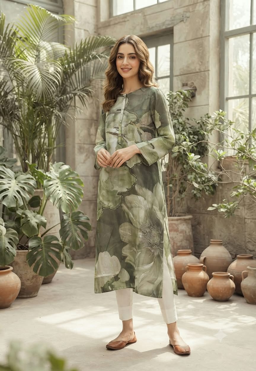 Sage & Forest Green Overlapping Floral Print A-Line Kurti- 16468