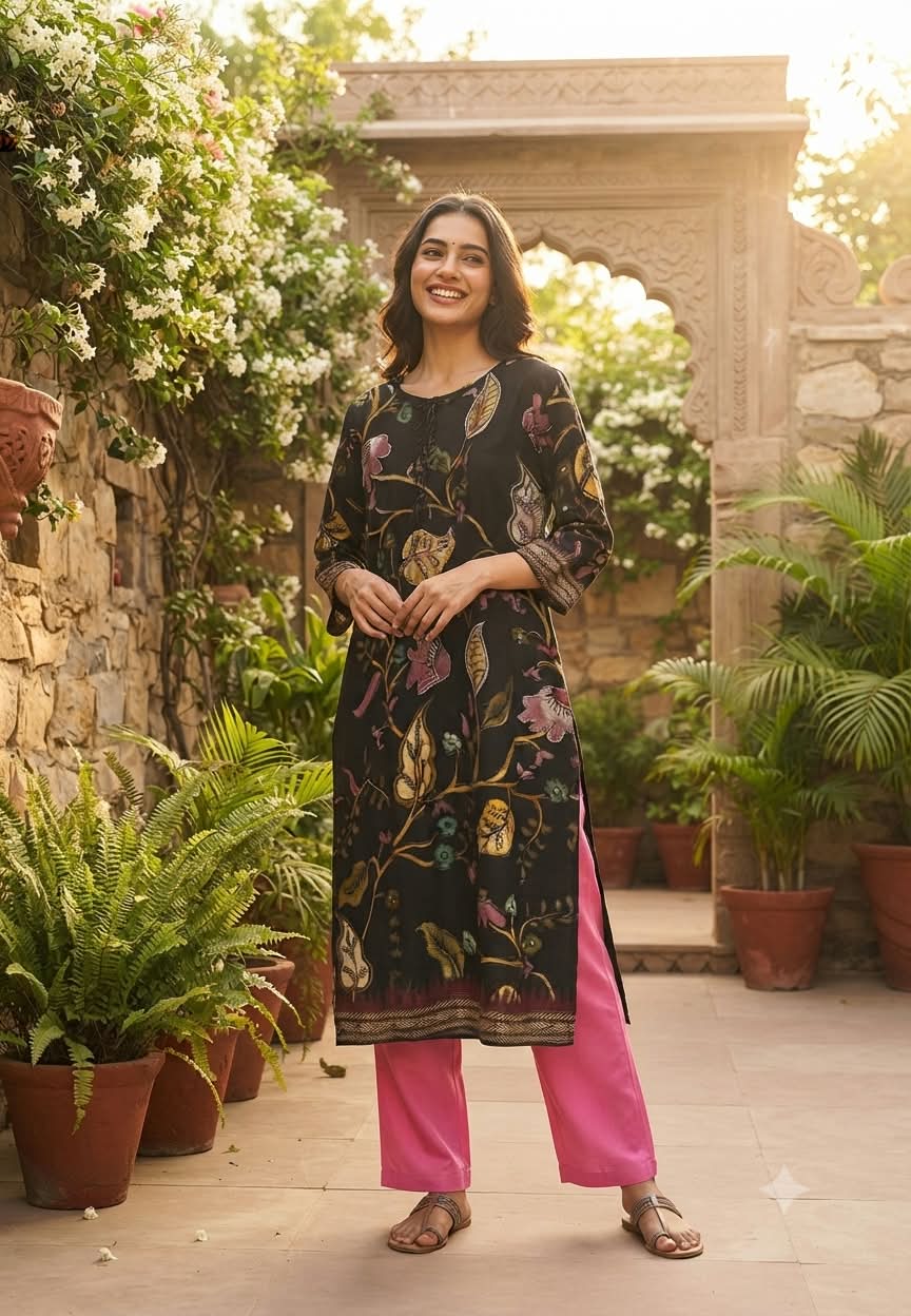 Black Glam Highlighted Floral Vine Printed Tassel Knot Kurti- 16275