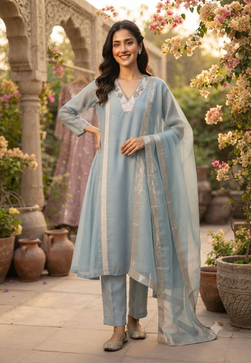 Sequin & Cut-Dana V-Neck Stroped A-Line Surat Mul-Chanderi Full Suit Set With Dupatta- 16039