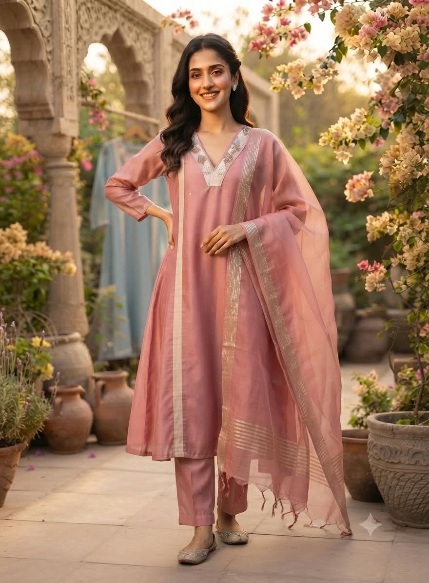 Sequin & Cut-Dana V-Neck Stroped A-Line Surat Mul-Chanderi Full Suit Set With Dupatta- 16039