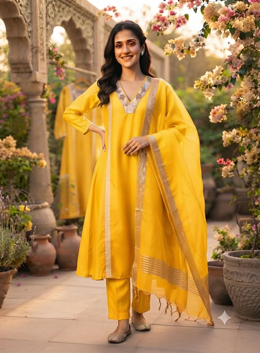 Sequin & Cut-Dana V-Neck Stroped A-Line Surat Mul-Chanderi Full Suit Set With Dupatta- 16039