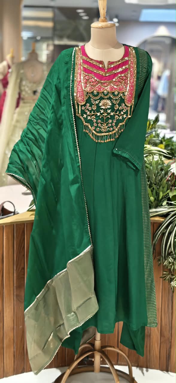 Royal Sequin Zardosi Embroidered Russian Silk Panel Anarkali Full Suit Set With Dupatta- 16484