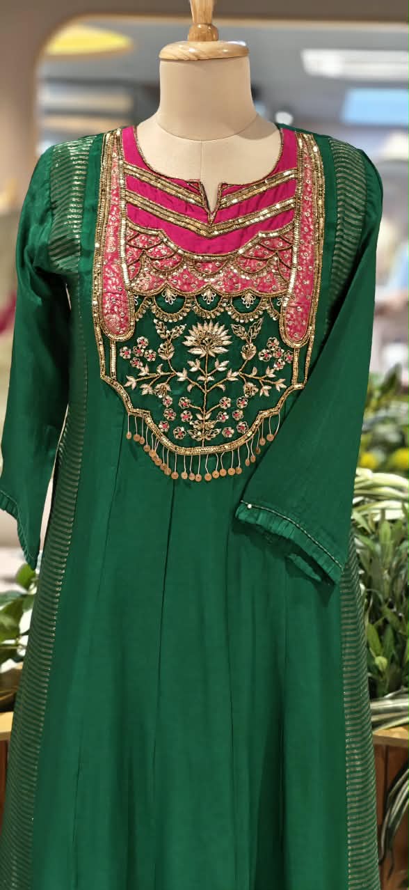 Royal Sequin Zardosi Embroidered Russian Silk Panel Anarkali Full Suit Set With Dupatta- 16484