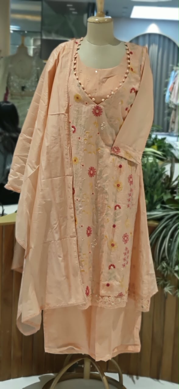 Pastel Hue Embroidered Bustier With A-Line Outer Full Suit Set Matching Bottom In Surat Mul-Chanderi Fabric- 16491