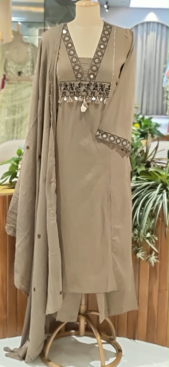 Tribal Inspired Dancing Motifs Pocket Elegance Cotton Full Suit Set With Dupatta- 16490