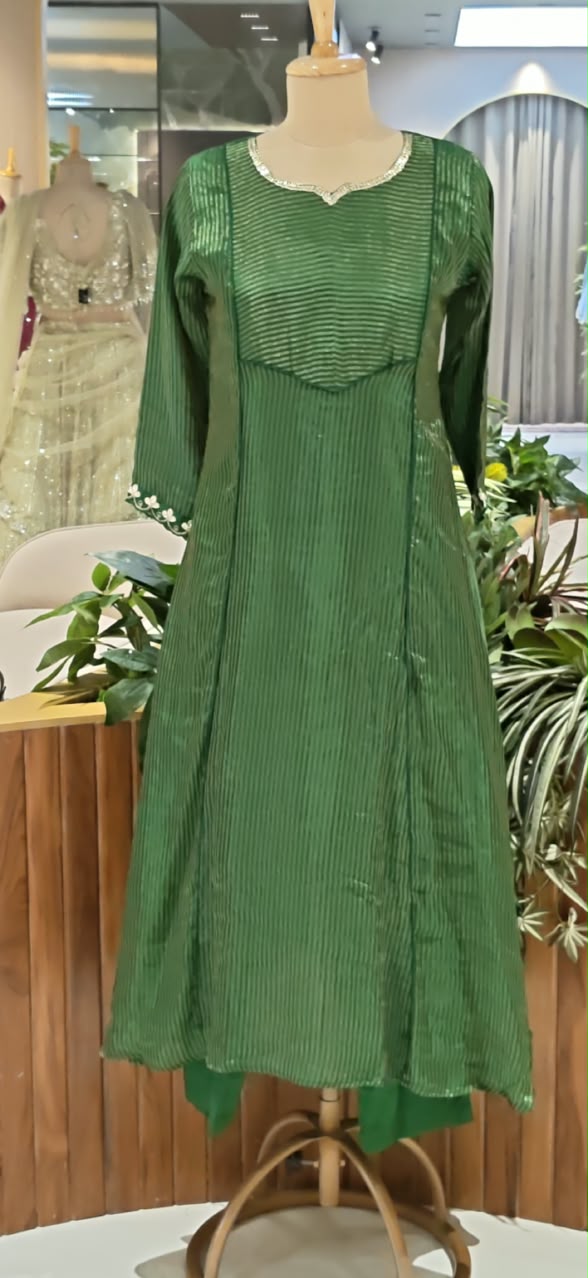 Golden Striped Elegance WIth Gotta Detailings Tissue A-Line Full Suit Set With Dupatta- 16483