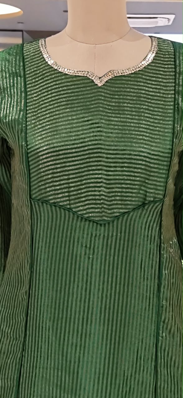 Golden Striped Elegance WIth Gotta Detailings Tissue A-Line Full Suit Set With Dupatta- 16483