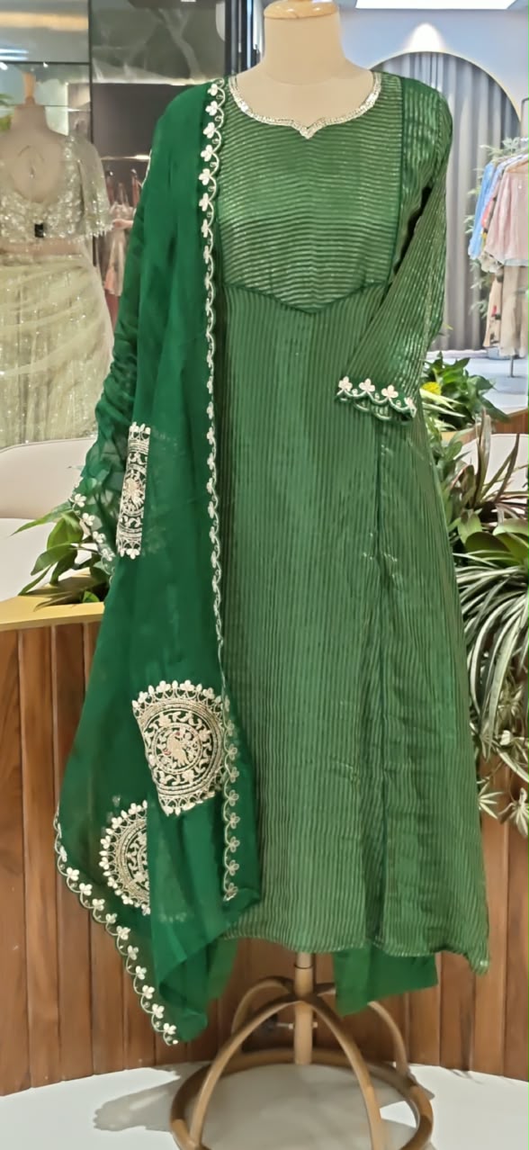 Golden Striped Elegance WIth Gotta Detailings Tissue A-Line Full Suit Set With Dupatta- 16483