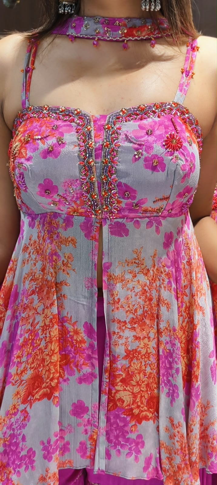 Fuchsia Hot Pink Floral Bustier Peplum Kurti & Pleated Sharara Set with Matching Neck Band Chowker Dupatta- 12758