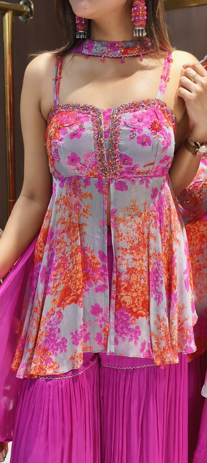 Fuchsia Hot Pink Floral Bustier Peplum Kurti & Pleated Sharara Set with Matching Neck Band Chowker Dupatta- 12758