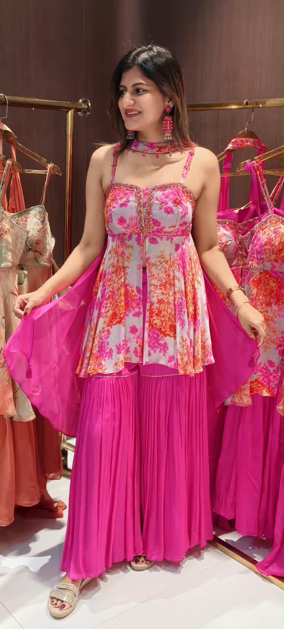 Fuchsia Hot Pink Floral Bustier Peplum Kurti & Pleated Sharara Set with Matching Neck Band Chowker Dupatta- 12758