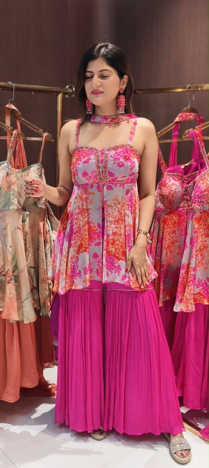 Fuchsia Hot Pink Floral Bustier Peplum Kurti & Pleated Sharara Set with Matching Neck Band Chowker Dupatta- 12758