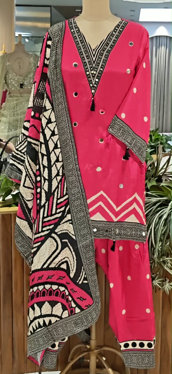Geometric Real Mirror Touch Abstract Print Muslin Full Suit Set With Dupatta & Farshi Salwar- 16456 Lean Fit