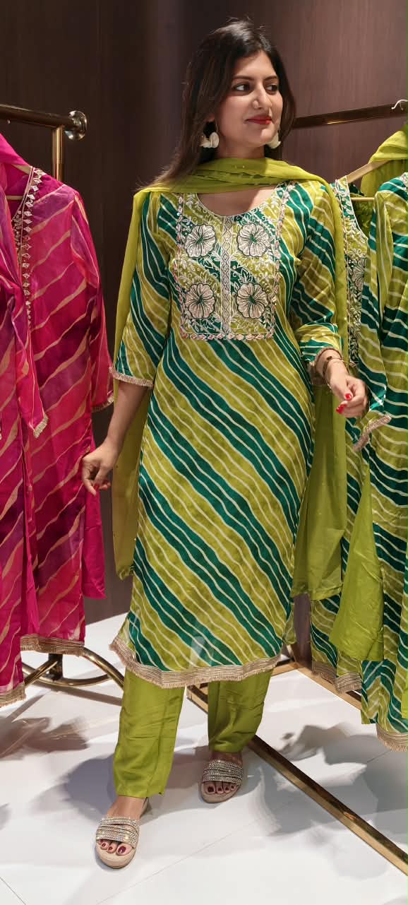 Leheriya Grace Floral Intricate Embroidered Boxed Yoke Chinon Full Suit Set With Dupatta- 16455