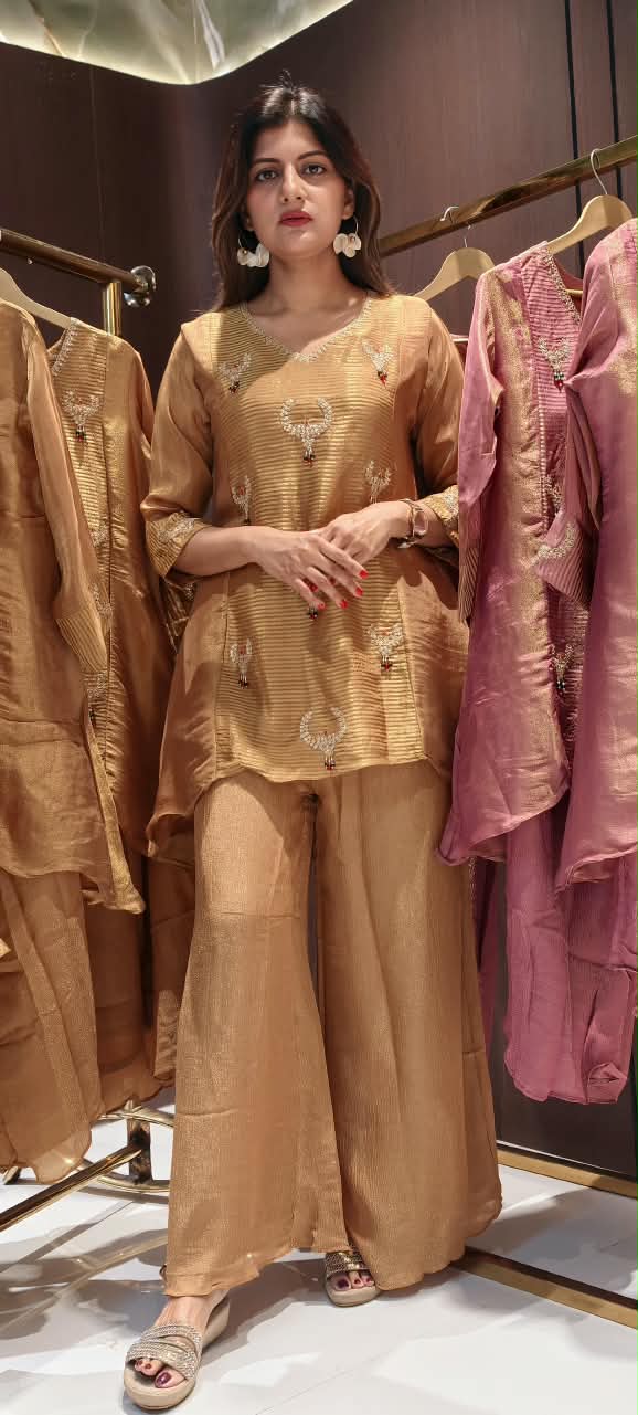 Butter Shine Tissue Elegance Kundan Look Embroidered Side Panels Kurta With Loose Palazzo Bottom Set- 16459