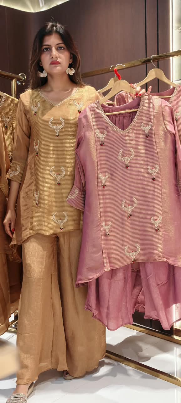 Butter Shine Tissue Elegance Kundan Look Embroidered Side Panels Kurta With Loose Palazzo Bottom Set- 16459