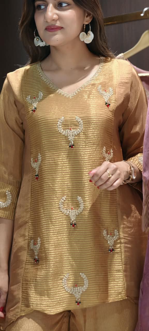 Butter Shine Tissue Elegance Kundan Look Embroidered Side Panels Kurta With Loose Palazzo Bottom Set- 16459