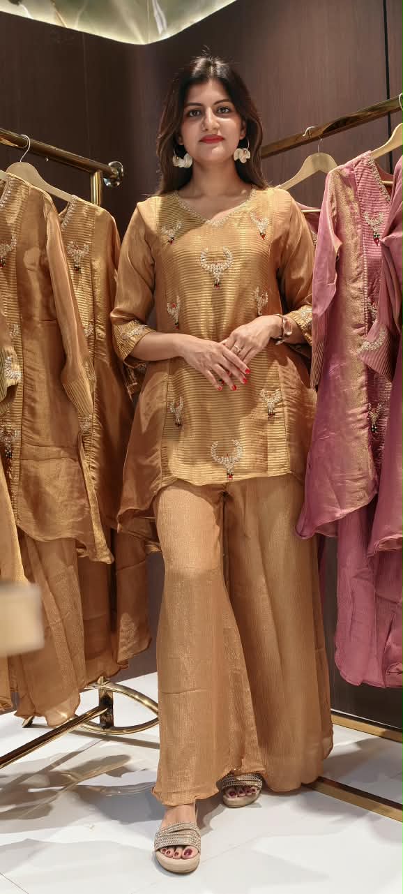 Butter Shine Tissue Elegance Kundan Look Embroidered Side Panels Kurta With Loose Palazzo Bottom Set- 16459