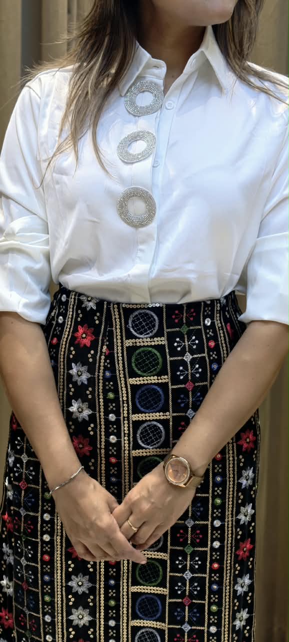 Collared Long Sleeve Button-Up Shirt with Embellished Ring Button Placket- 16182