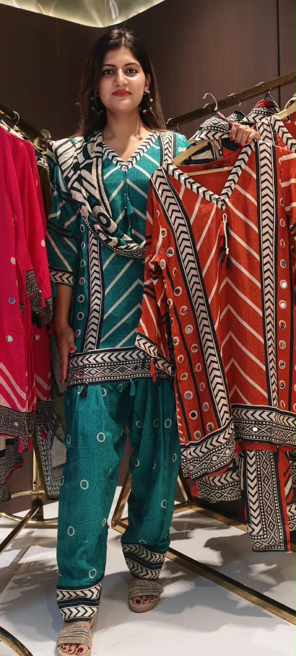 Linear Abstract Printed Real Mirror Detailing Muslin Full Suit Set With Dupatta & Farshi Bottom- 16457 Lean Fit