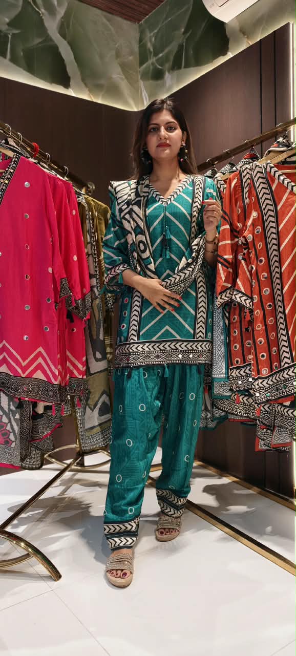 Linear Abstract Printed Real Mirror Detailing Muslin Full Suit Set With Dupatta & Farshi Bottom- 16457 Lean Fit