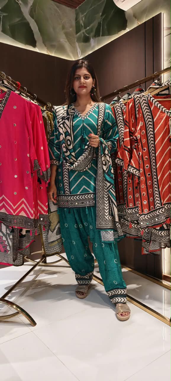 Linear Abstract Printed Real Mirror Detailing Muslin Full Suit Set With Dupatta & Farshi Bottom- 16457 Lean Fit