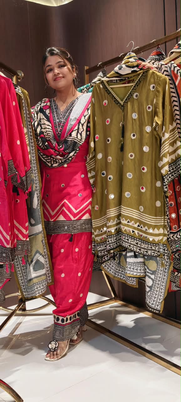 Geometric Real Mirror Touch Abstract Print Muslin Full Suit Set With Dupatta & Farshi Salwar- 16456 Lean Fit