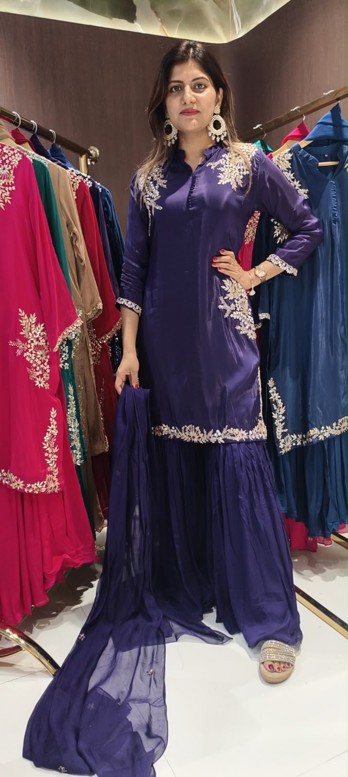 Butter Shine Crepe Delicate Embroidery Solid Shade Crepe Full Suit Set With Sharara Bottom & Dupatta- 16488