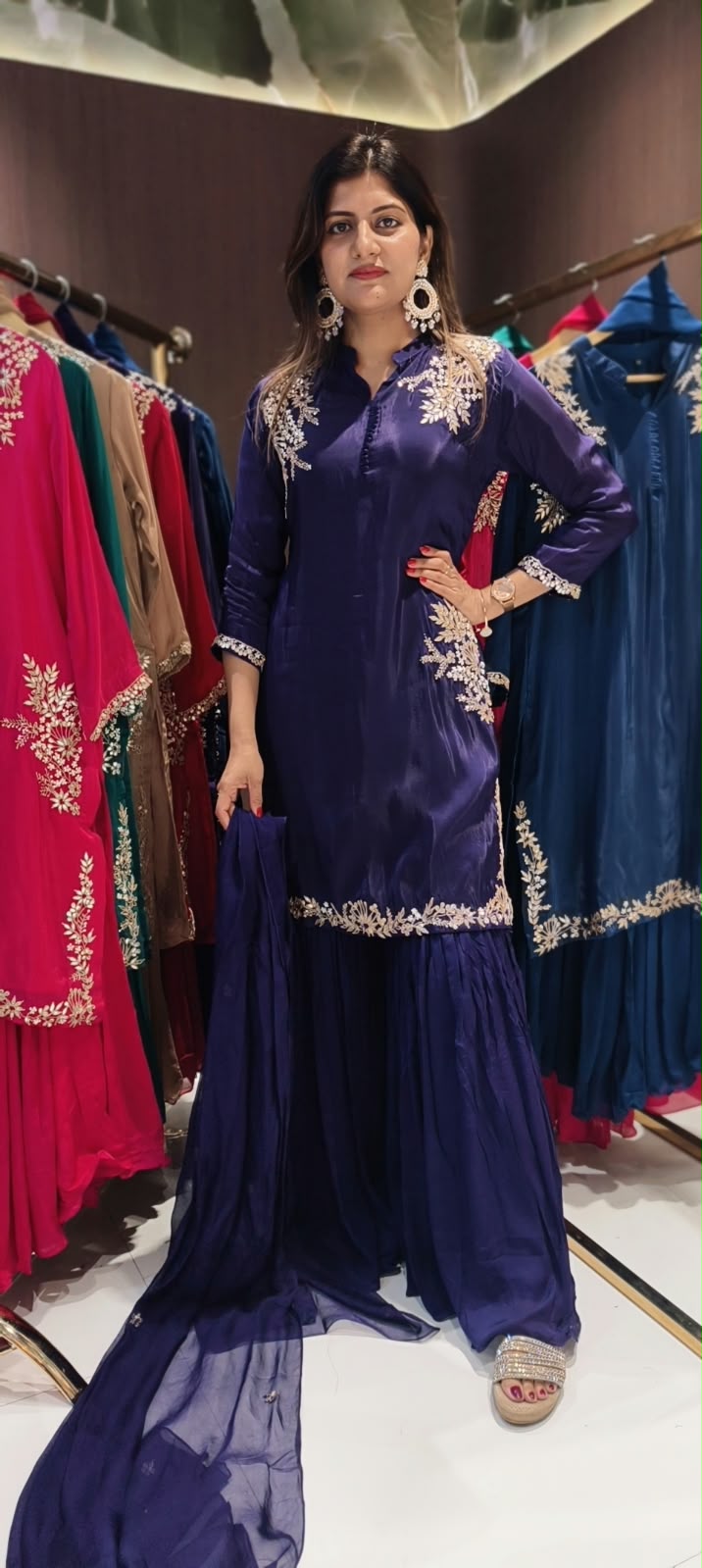 Butter Shine Crepe Delicate Embroidery Solid Shade Crepe Full Suit Set With Sharara Bottom & Dupatta- 16488