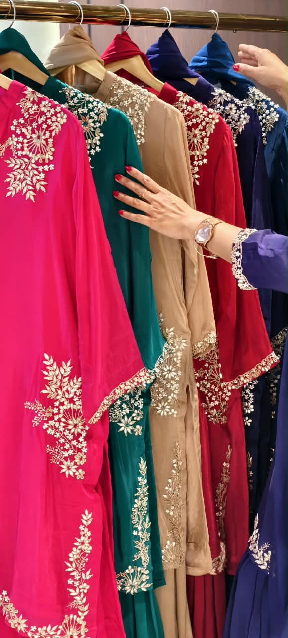 Butter Shine Crepe Delicate Embroidery Solid Shade Crepe Full Suit Set With Sharara Bottom & Dupatta- 16488