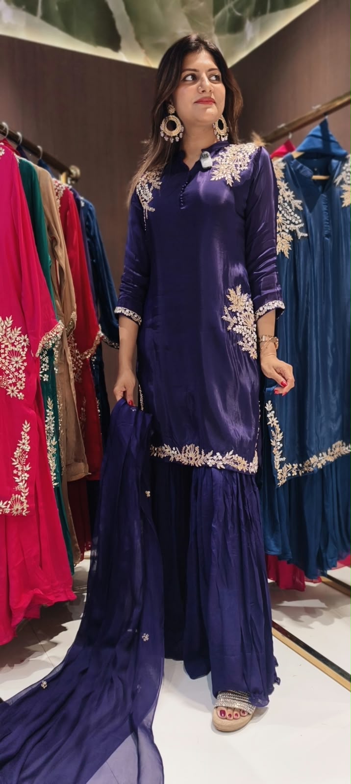 Butter Shine Crepe Delicate Embroidery Solid Shade Crepe Full Suit Set With Sharara Bottom & Dupatta- 16488