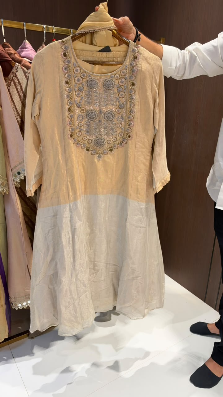 Premium Tissue Dabka Embroidered Yoke Metallic Dual Tone A-Line Full Suit Set With Dupatta- 10700